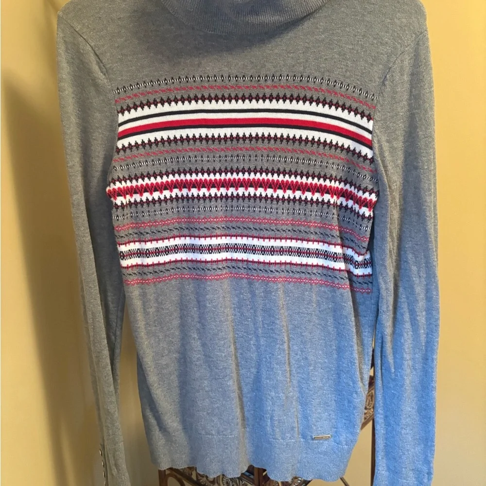 Tommy Hilfiger Gray and Red Striped Turtleneck Sweater - Picture 2 of 10